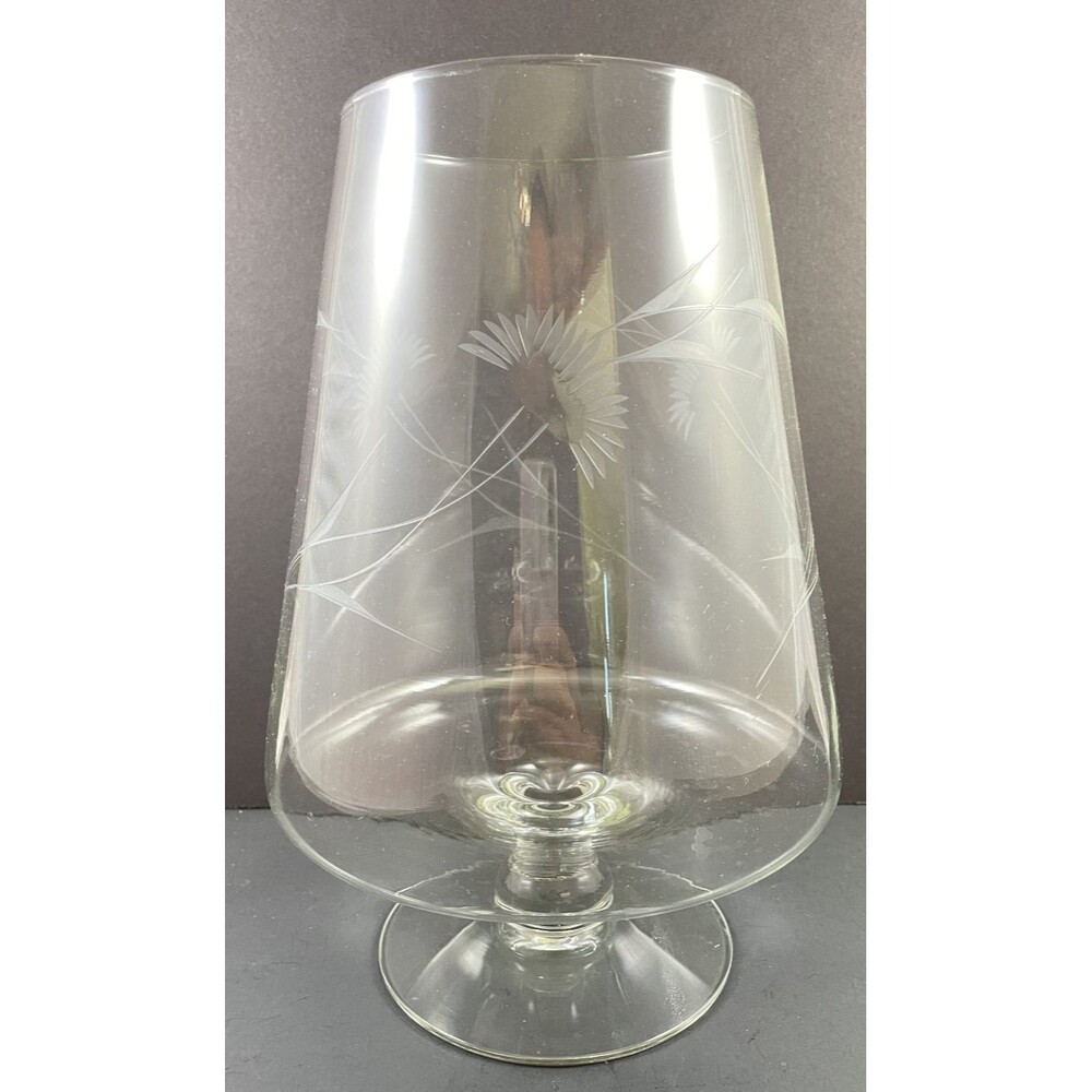 Clear Etched Glass Snifter Vase Floral 11.5" Vintage